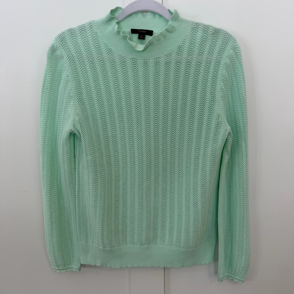 J.‎ Crew Women's Pointelle Sweater Mint Green Ruffle Mock Neck Feminine Dainty S